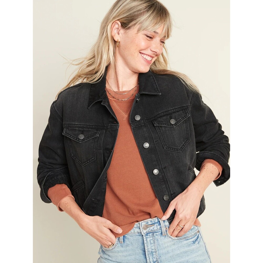 Old Navy Small Cropped Denim Jean Jacket Black Jack Long Sleeve Button Front